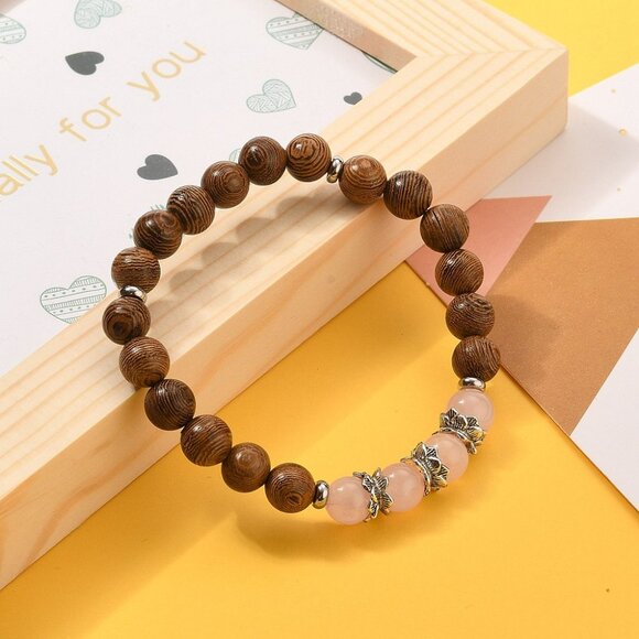 NWOT Natural Rose Quartz Gemstones and wooden Beaded Stretch bracelet 2/$10 - Picture 3 of 4